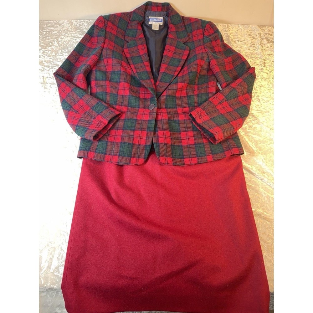 Vintage‎ Pendleton Wool Plaid Skirt Suit Red Green Petite 8 USA Christmas